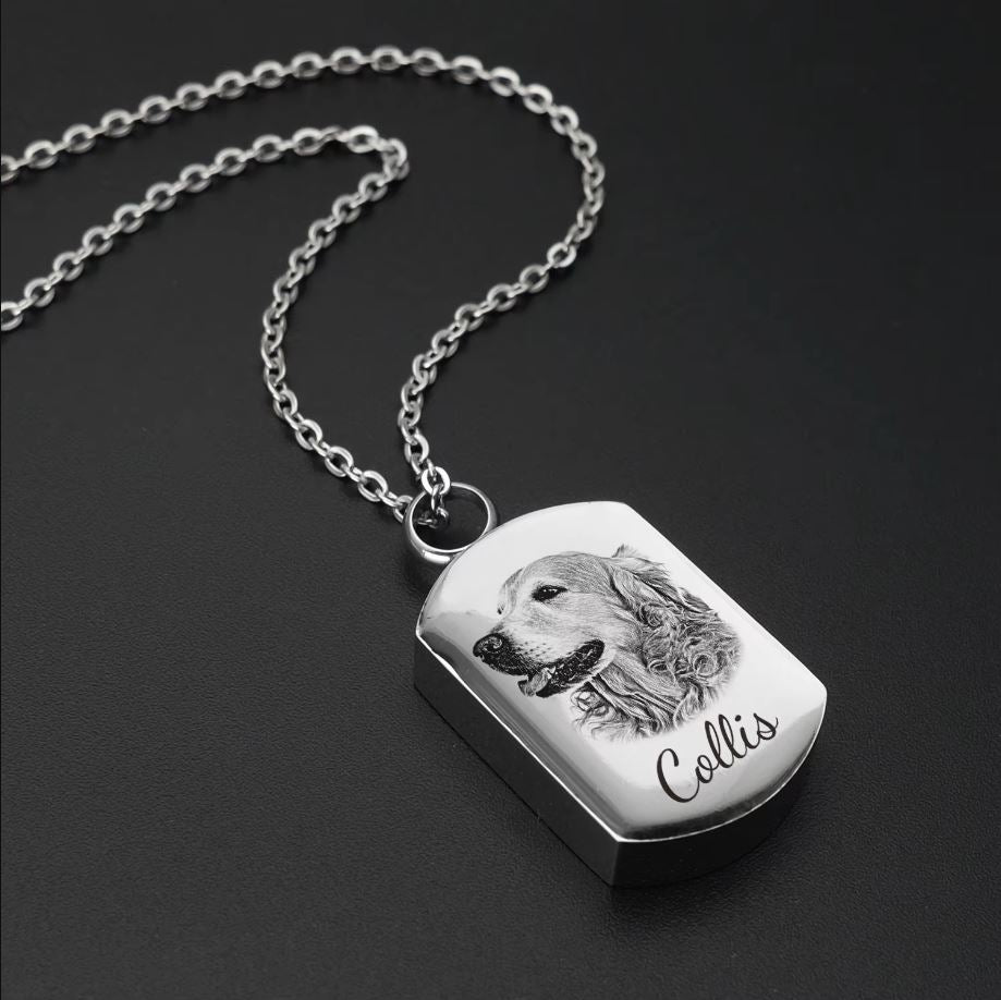 Memorial Pet Photo Necklace, Pet Cremation Ashes Pendant, Personalised Urn Jewellery - Engraved Memories