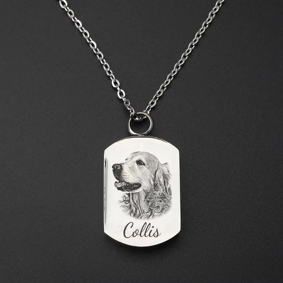 Memorial Pet Photo Necklace, Pet Cremation Ashes Pendant, Personalised Urn Jewellery - Engraved Memories