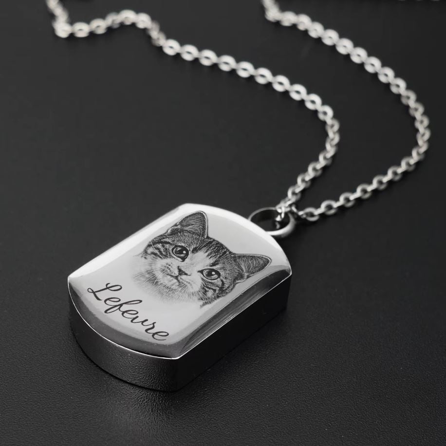 Memorial Pet Photo Necklace, Pet Cremation Ashes Pendant, Personalised Urn Jewellery - Engraved Memories