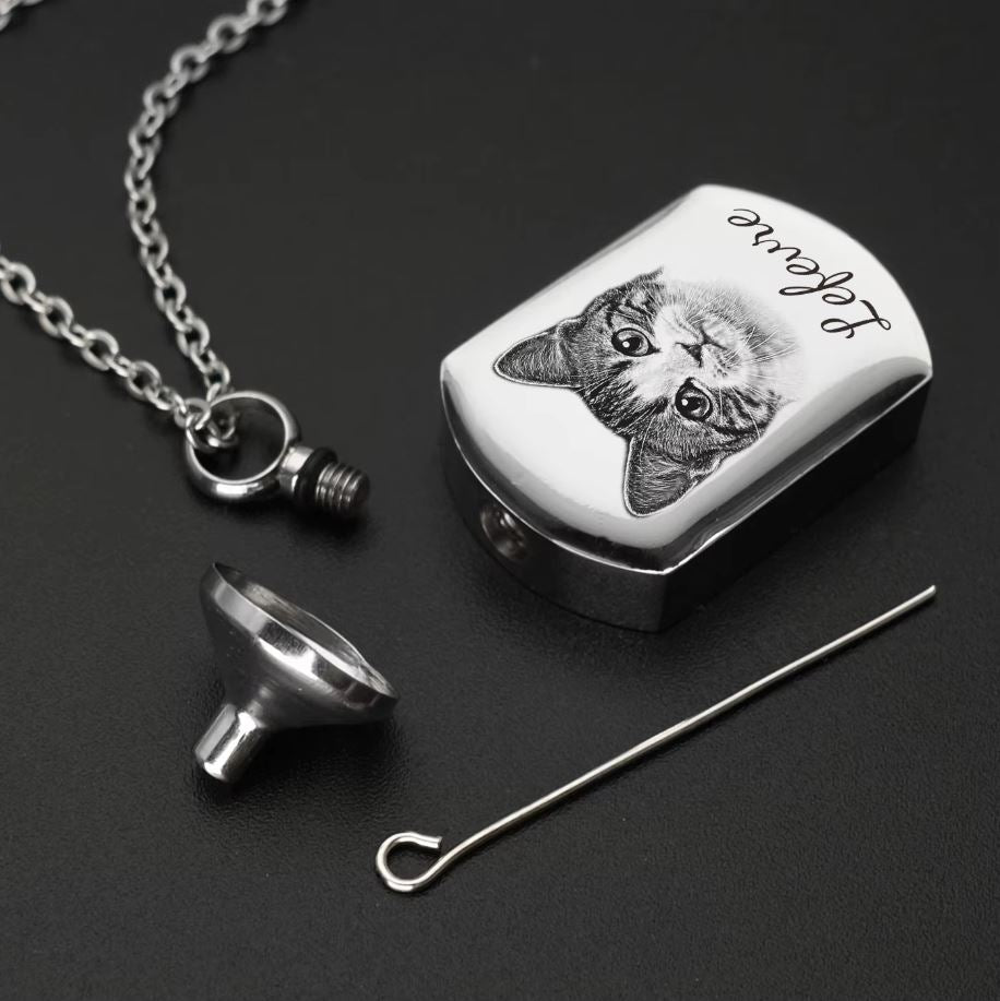 Memorial Pet Photo Necklace, Pet Cremation Ashes Pendant, Personalised Urn Jewellery - Engraved Memories