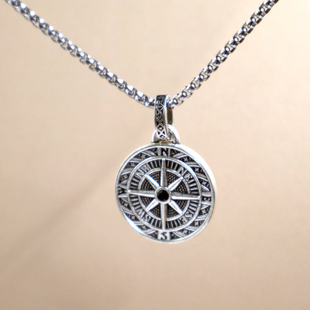 Men's compass pendant necklace with 24-inch chain. Stylish & meaningful, engravable with up to 3 initials.