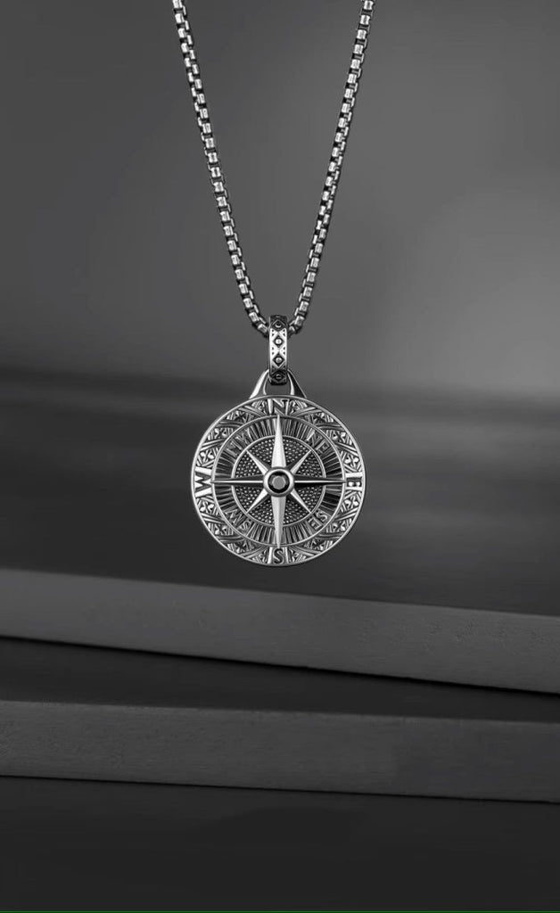 Men's compass pendant necklace with 24-inch chain. Stylish & meaningful, engravable with up to 3 initials.