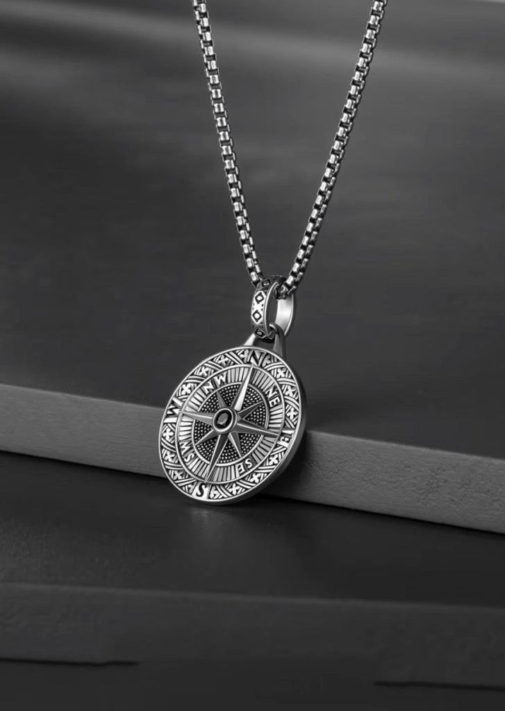 Men's compass pendant necklace with 24-inch chain. Stylish & meaningful, engravable with up to 3 initials.