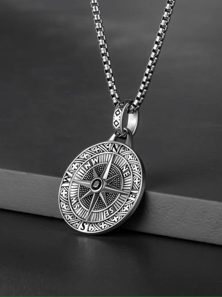 Men's compass pendant necklace with 24-inch chain. Stylish & meaningful, engravable with up to 3 initials.