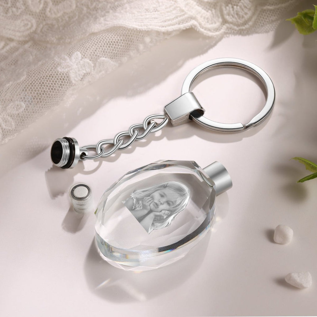 Personalised 3D Photo Crystal Keychain - Elegant Oval Design - Engraved Memories