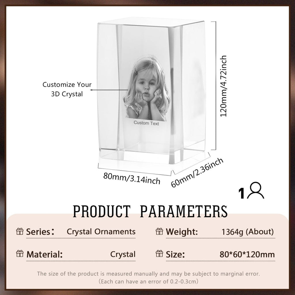 Personalised 3D Photo Premium Crystal Ornament – large 80mm x 60mm x 100mm - Engraved Memories