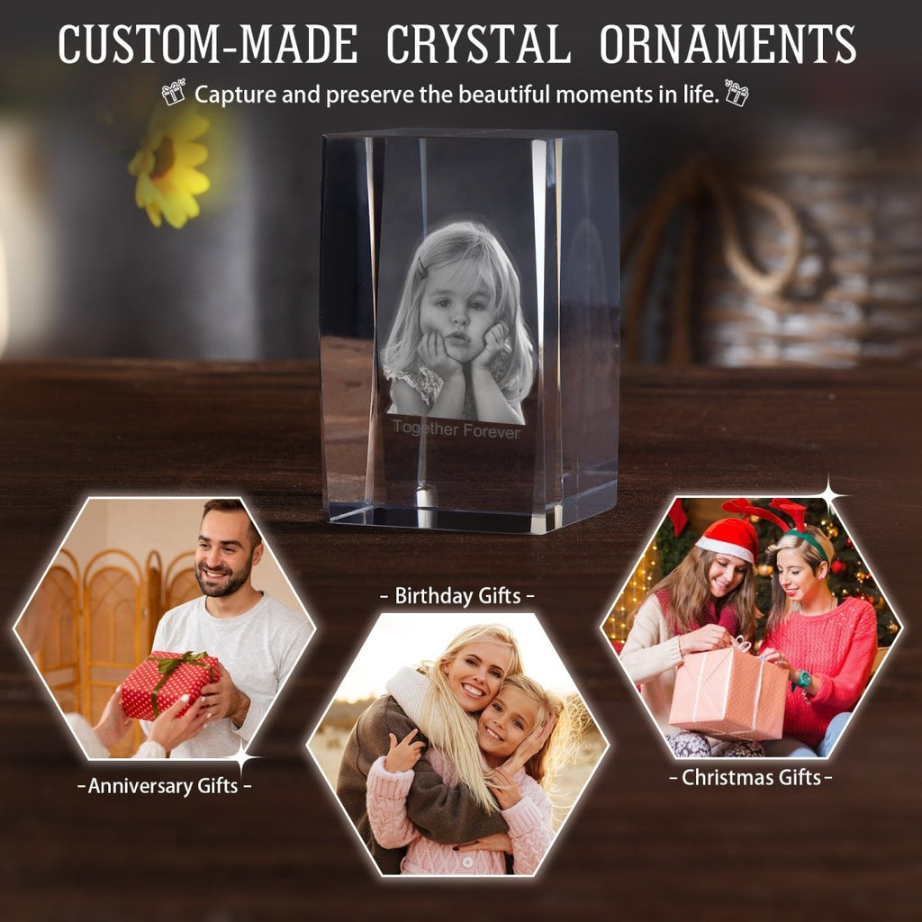 Personalised 3D Photo Premium Crystal Ornament – medium 70mm x 60mm x 100mm - Engraved Memories