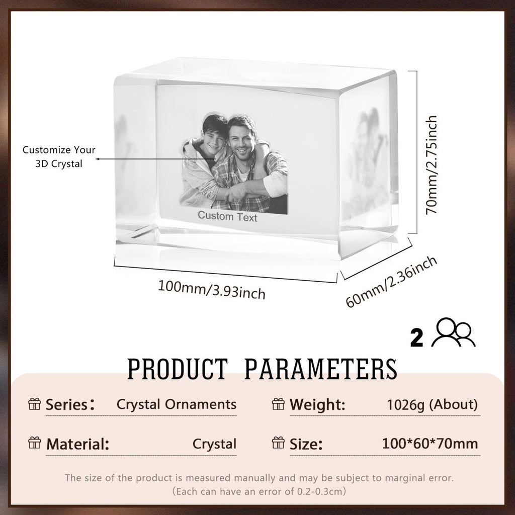 Personalised 3D Photo Premium Crystal Ornament – medium 70mm x 60mm x 100mm - Engraved Memories