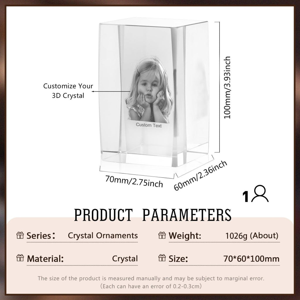 Personalised 3D Photo Premium Crystal Ornament – medium 70mm x 60mm x 100mm - Engraved Memories