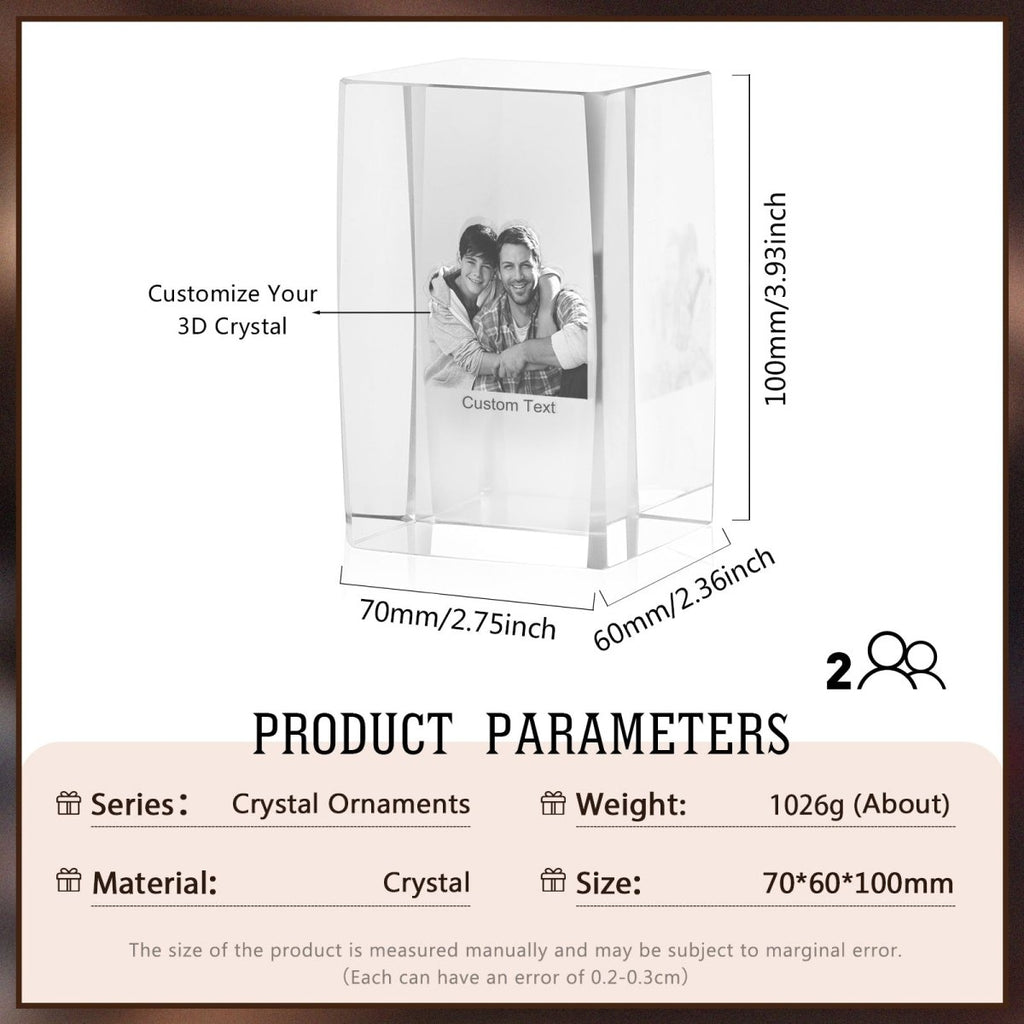 Personalised 3D Photo Premium Crystal Ornament – medium 70mm x 60mm x 100mm - Engraved Memories