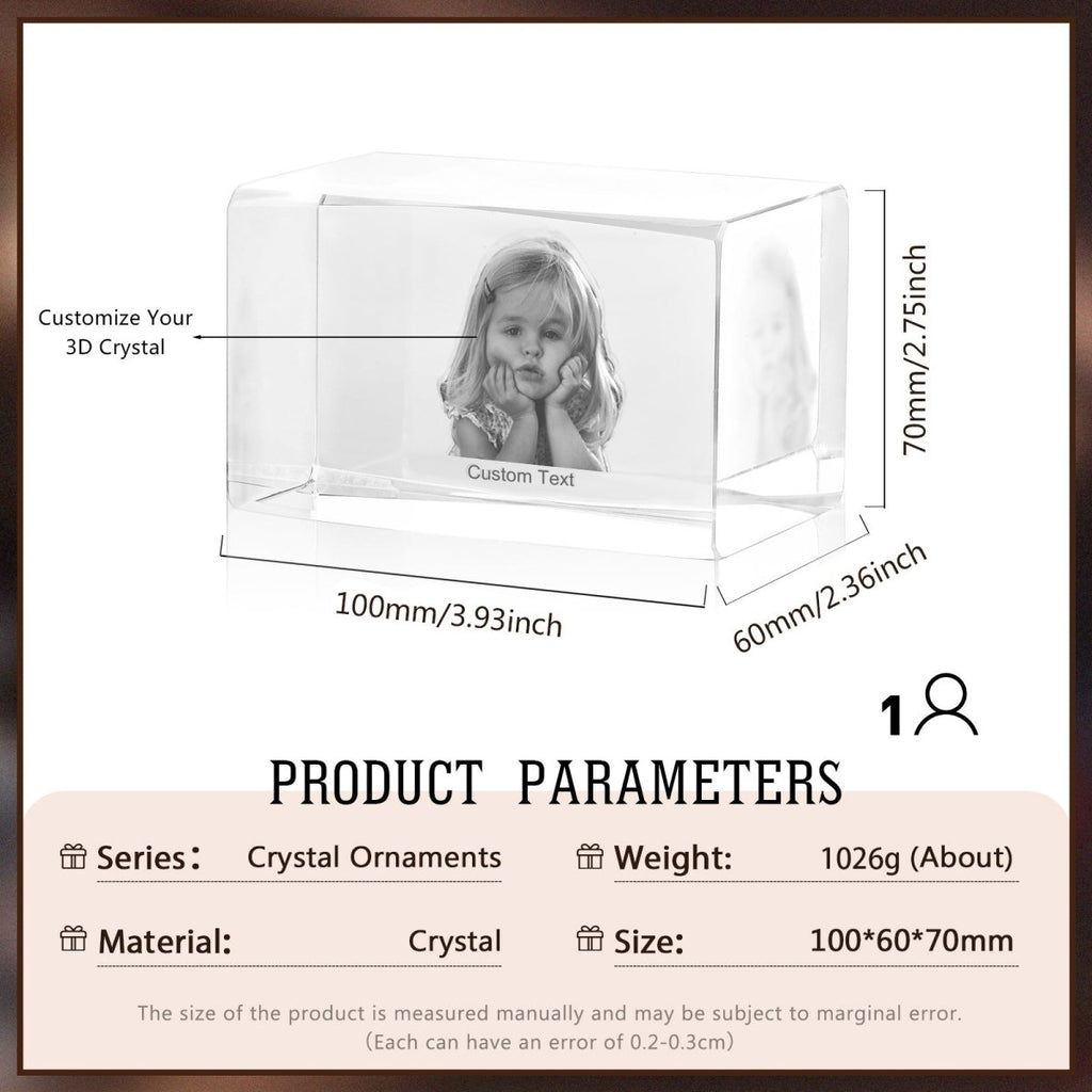 Personalised 3D Photo Premium Crystal Ornament – medium 70mm x 60mm x 100mm - Engraved Memories