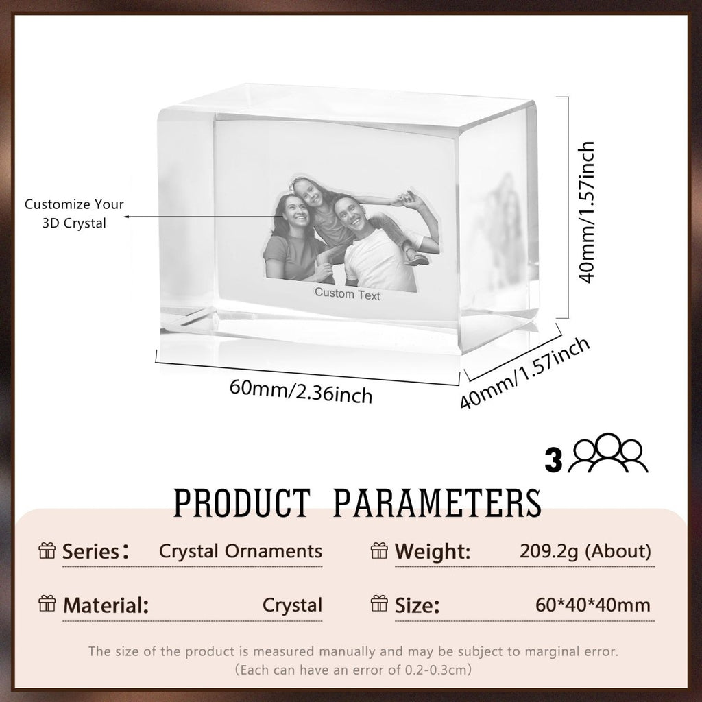 Personalised 3D Photo Premium Crystal Ornament – small 40mm x 60mm - Engraved Memories