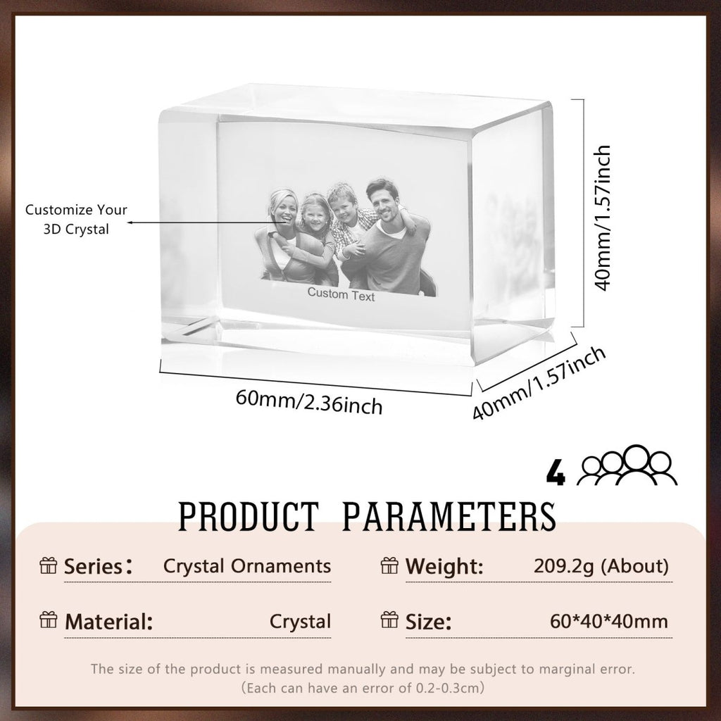 Personalised 3D Photo Premium Crystal Ornament – small 40mm x 60mm - Engraved Memories