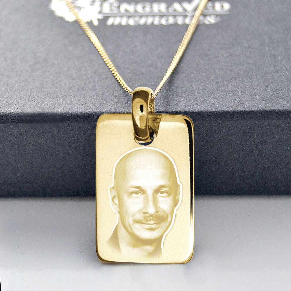 Personalised 9ct Gold Photo Pendant Necklace, Rectangle Photograph & Text Mens Dog Tag - Engraved Memories