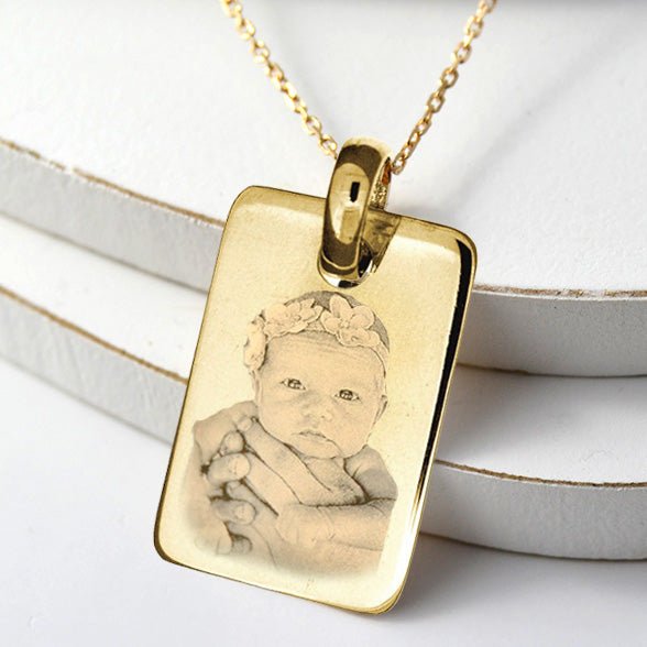 Personalised 9ct Gold Photo Pendant Necklace, Rectangle Photograph & Text Mens Dog Tag - Engraved Memories