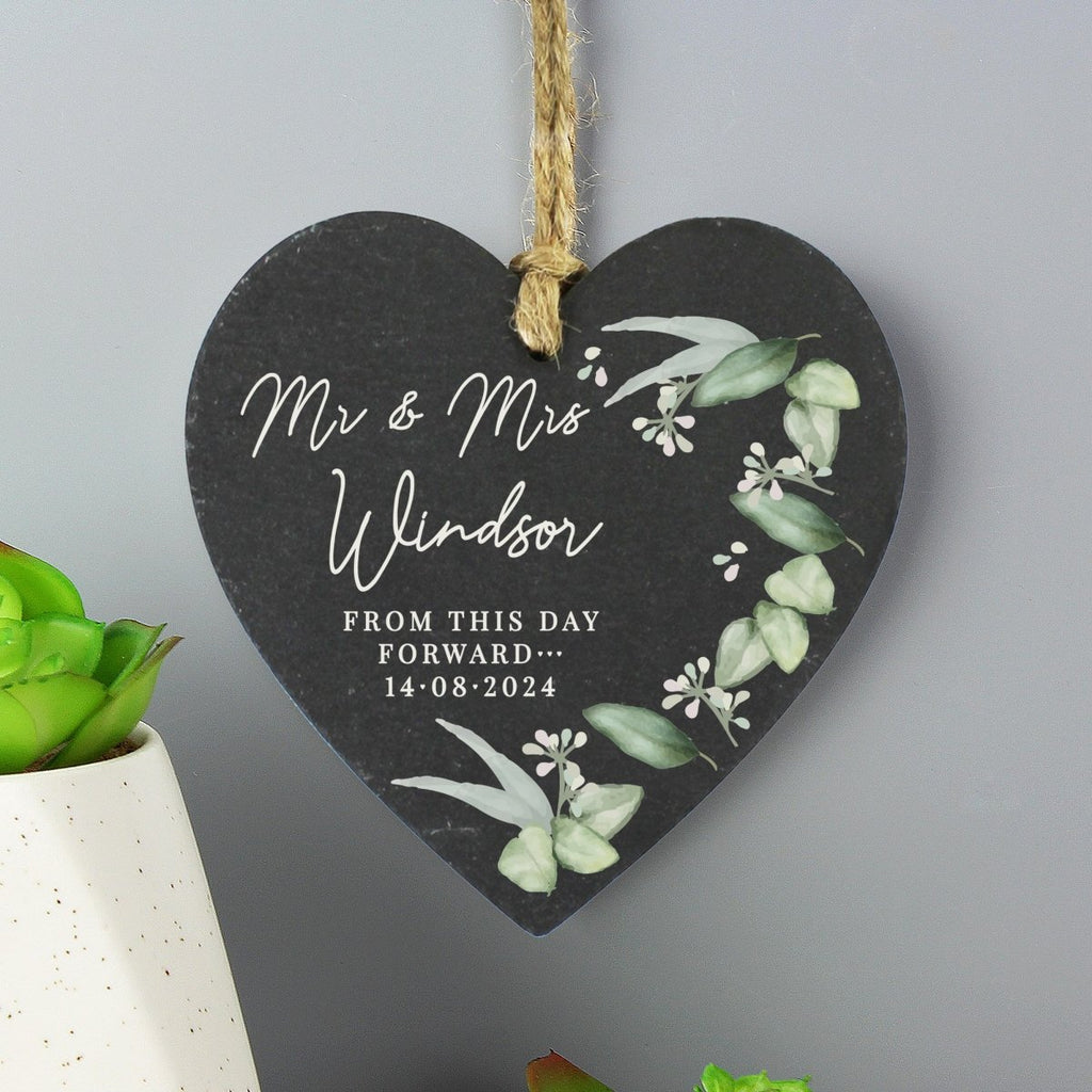 Personalised Botanical Slate Heart Decoration - Engraved Memories