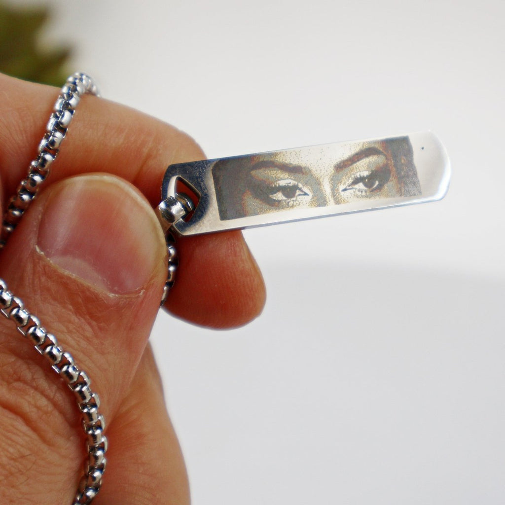 Personalised Human Eyes Photo Engraved Necklace, Men's Stainless Steel Pendant with Chain - Engraved Memories