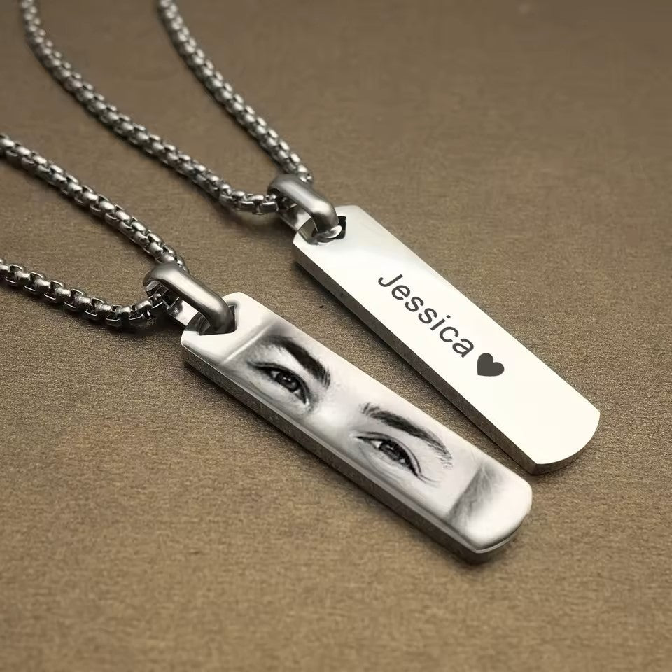 Personalised Human Eyes Photo Engraved Necklace, Men's Stainless Steel Pendant with Chain - Engraved Memories