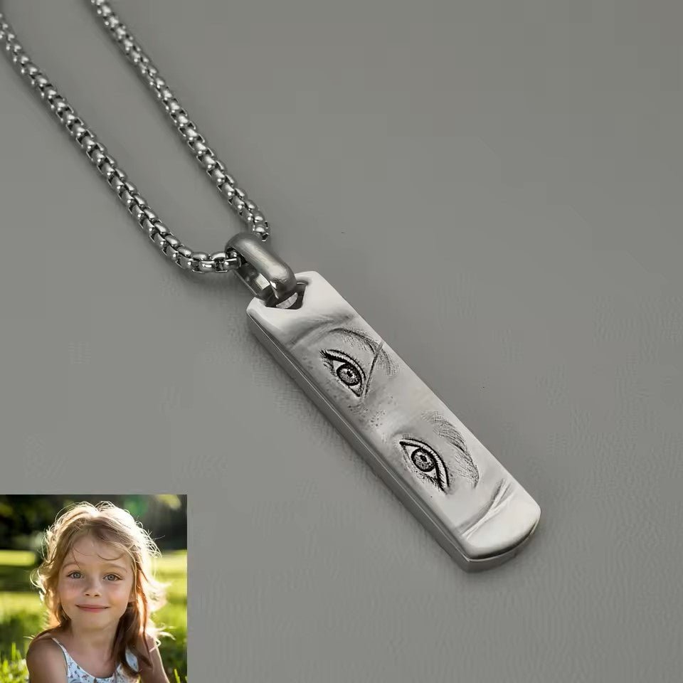 Personalised Human Eyes Photo Engraved Necklace, Men's Stainless Steel Pendant with Chain - Engraved Memories