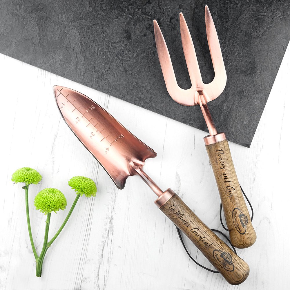 Personalised Luxe Copper Trowel and Fork Set - Engraved Memories