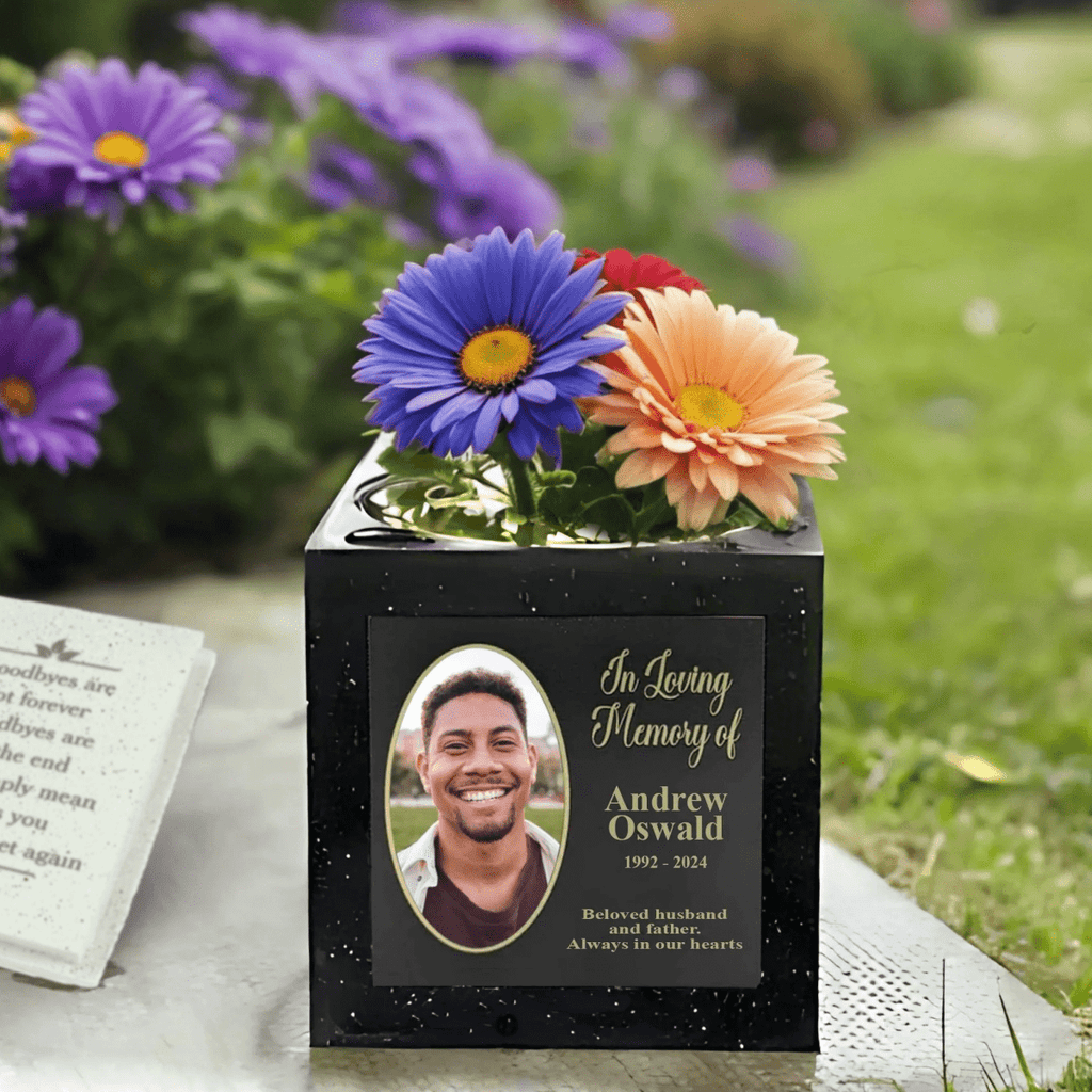 Personalised Memorial Rose Bowl with Picture In Loving Memory Black Grave Marker Flower Pot Vase - Engraved Memories