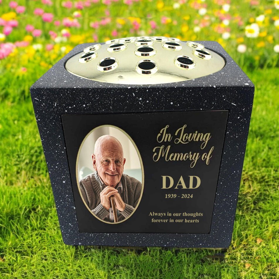 Personalised Memorial Rose Bowl with Picture In Loving Memory Black Grave Marker Flower Pot Vase - Engraved Memories