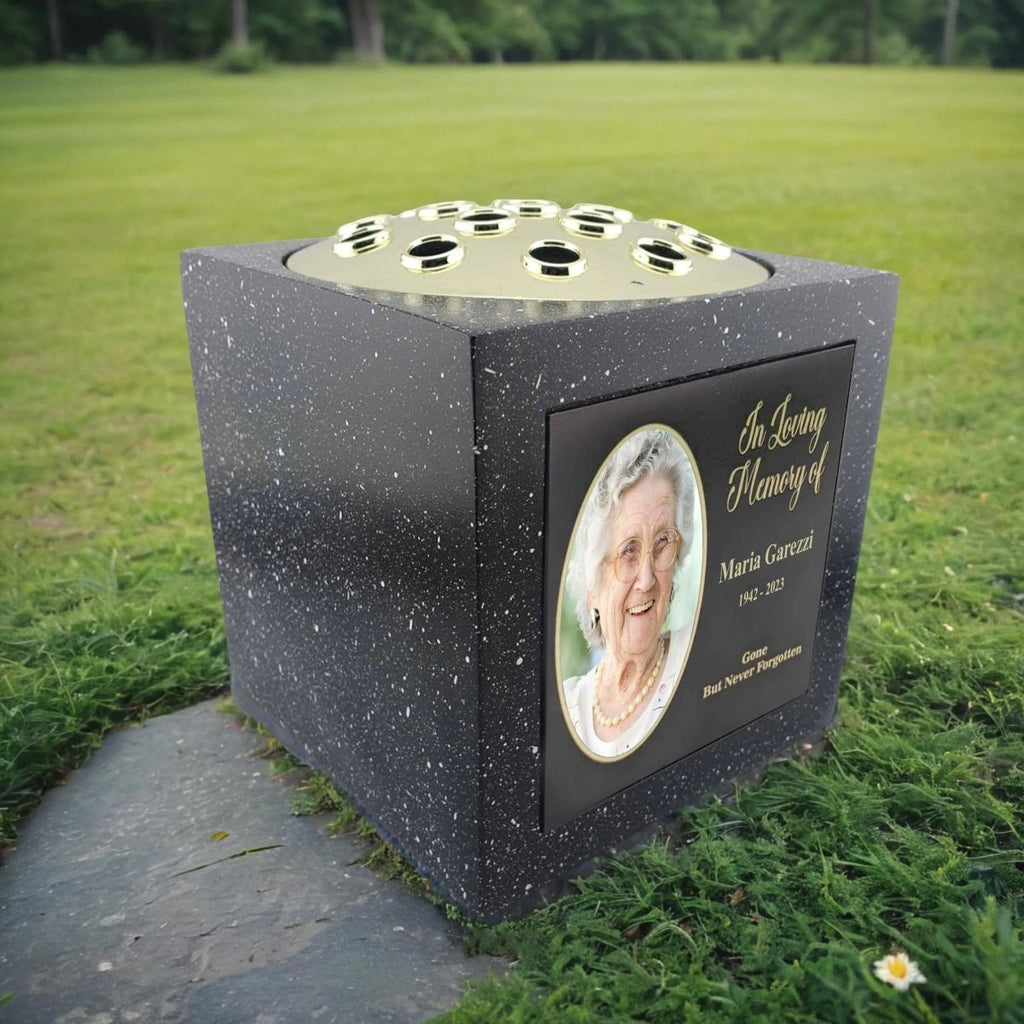 Personalised Memorial Rose Bowl with Picture In Loving Memory Black Grave Marker Flower Pot Vase - Engraved Memories