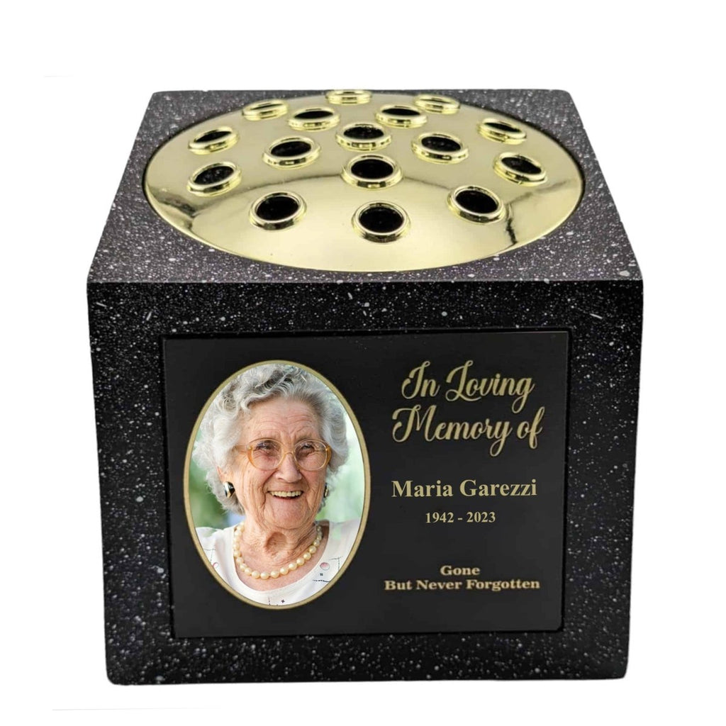 Personalised Memorial Rose Bowl with Picture In Loving Memory Black Grave Marker Flower Pot Vase - Engraved Memories