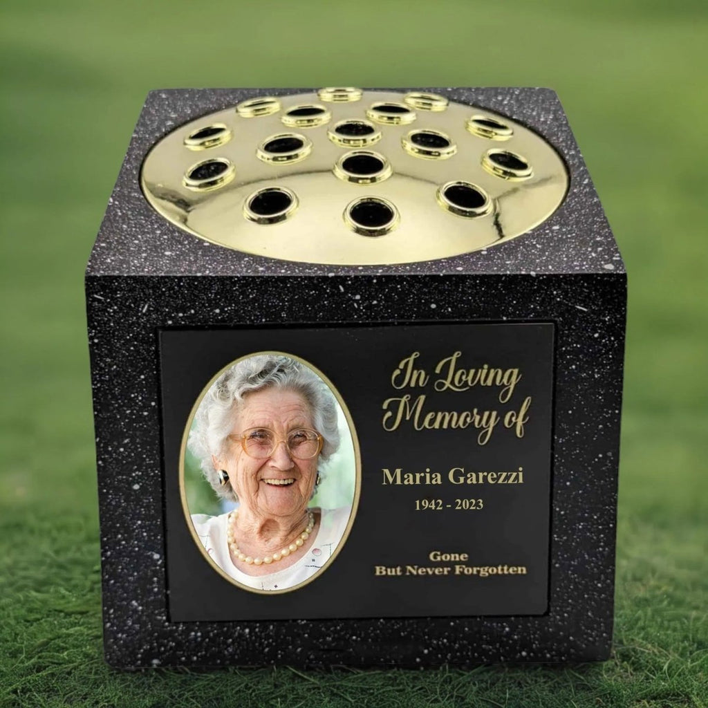 Personalised Memorial Rose Bowl with Picture In Loving Memory Black Grave Marker Flower Pot Vase - Engraved Memories