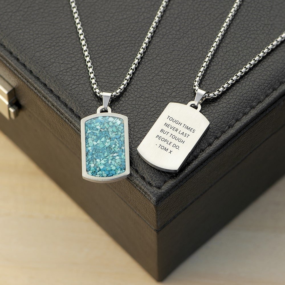 Personalised Men's Blue Turquoise Dog Tag Necklace - Engraved Memories