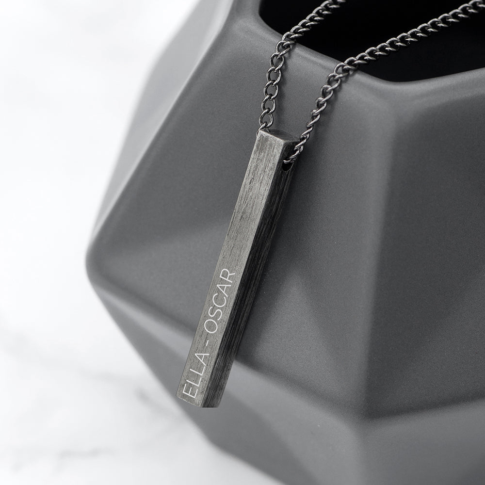 Personalised Men's Brushed Gunmetal Solid Bar Necklace - Engraved Memories