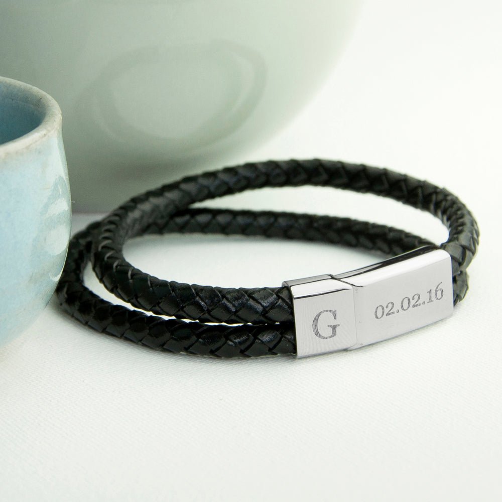 Personalised Men's Dual Leather Woven Bracelet in Black - Engraved Memories