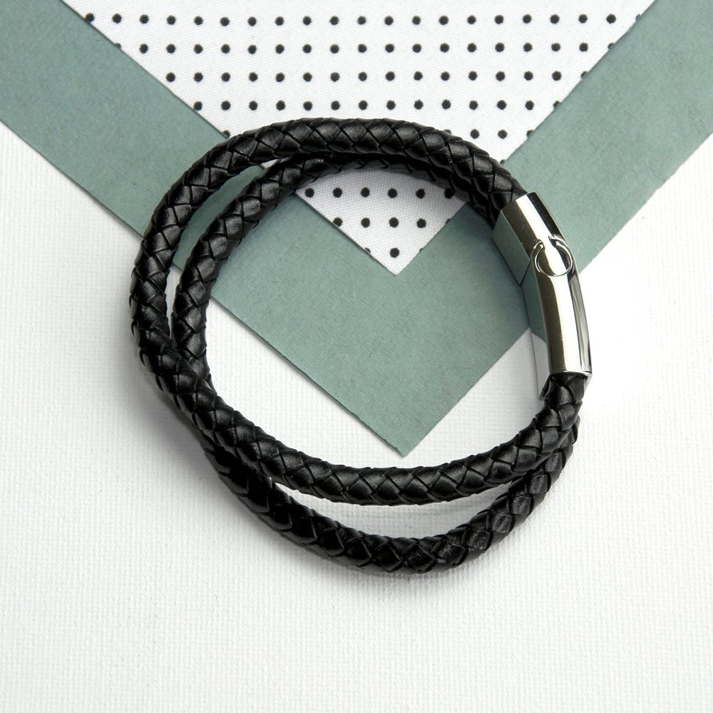 Personalised Men's Dual Leather Woven Bracelet in Black - Engraved Memories