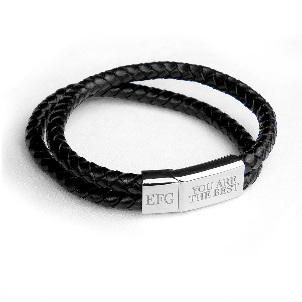 Personalised Men's Dual Leather Woven Bracelet in Black - Engraved Memories