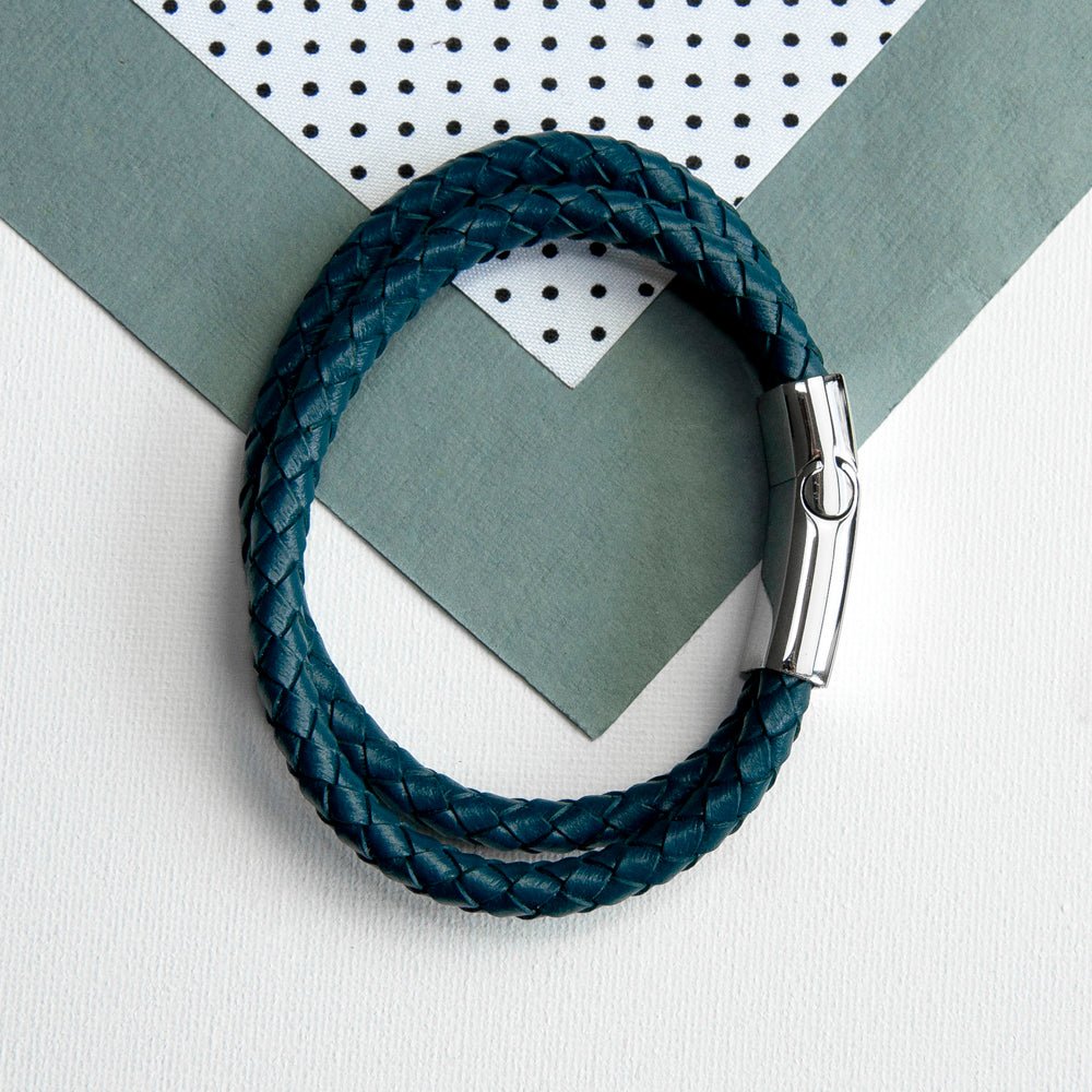 Personalised Men's Dual Leather Woven Bracelet in Teal - Engraved Memories