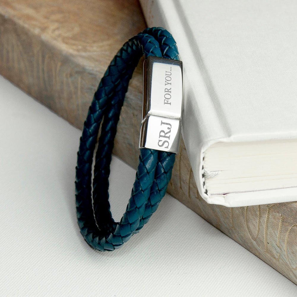 Personalised Men's Dual Leather Woven Bracelet in Teal - Engraved Memories