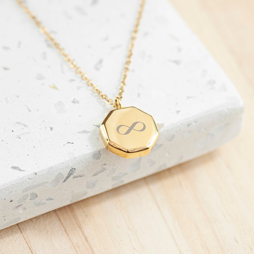 Personalised gold infinity octagon pendant necklace. A stylish gift with a timeless design. Length: 55cm.