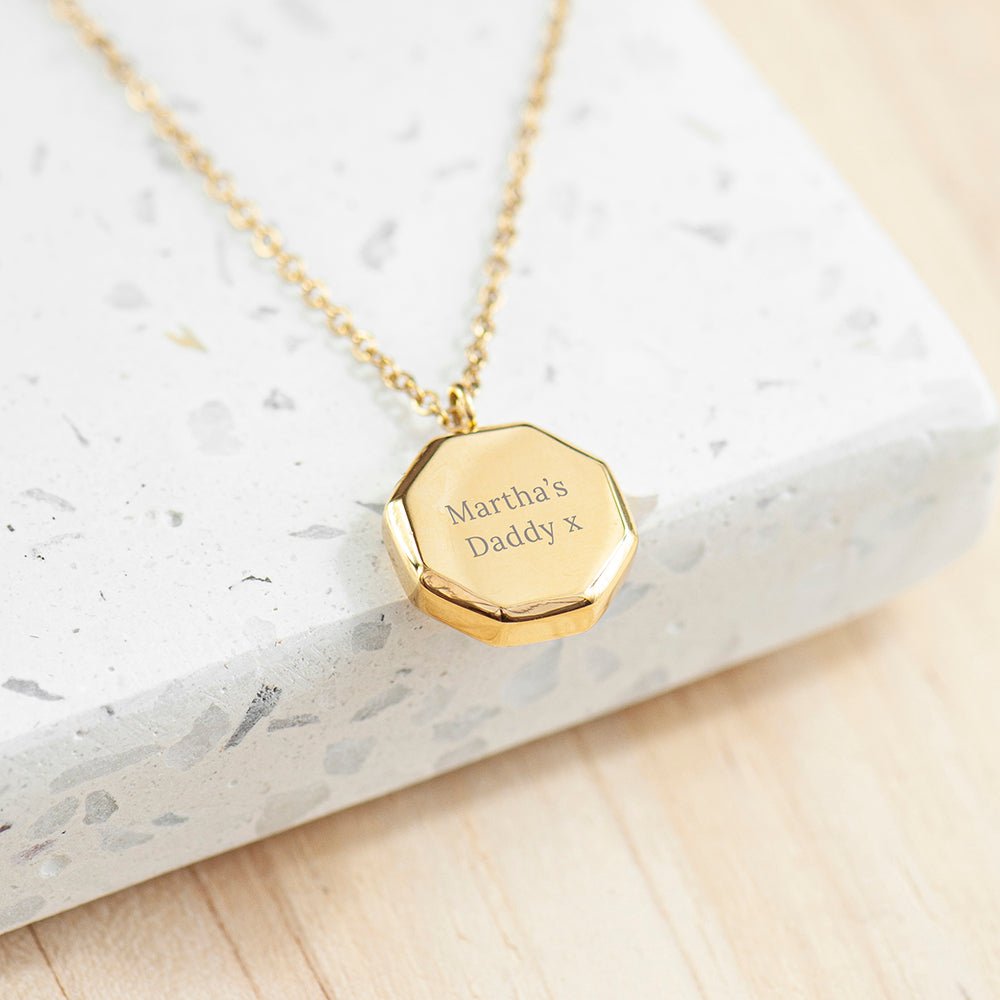 Personalised gold infinity octagon pendant necklace. A stylish gift with a timeless design. Length: 55cm.