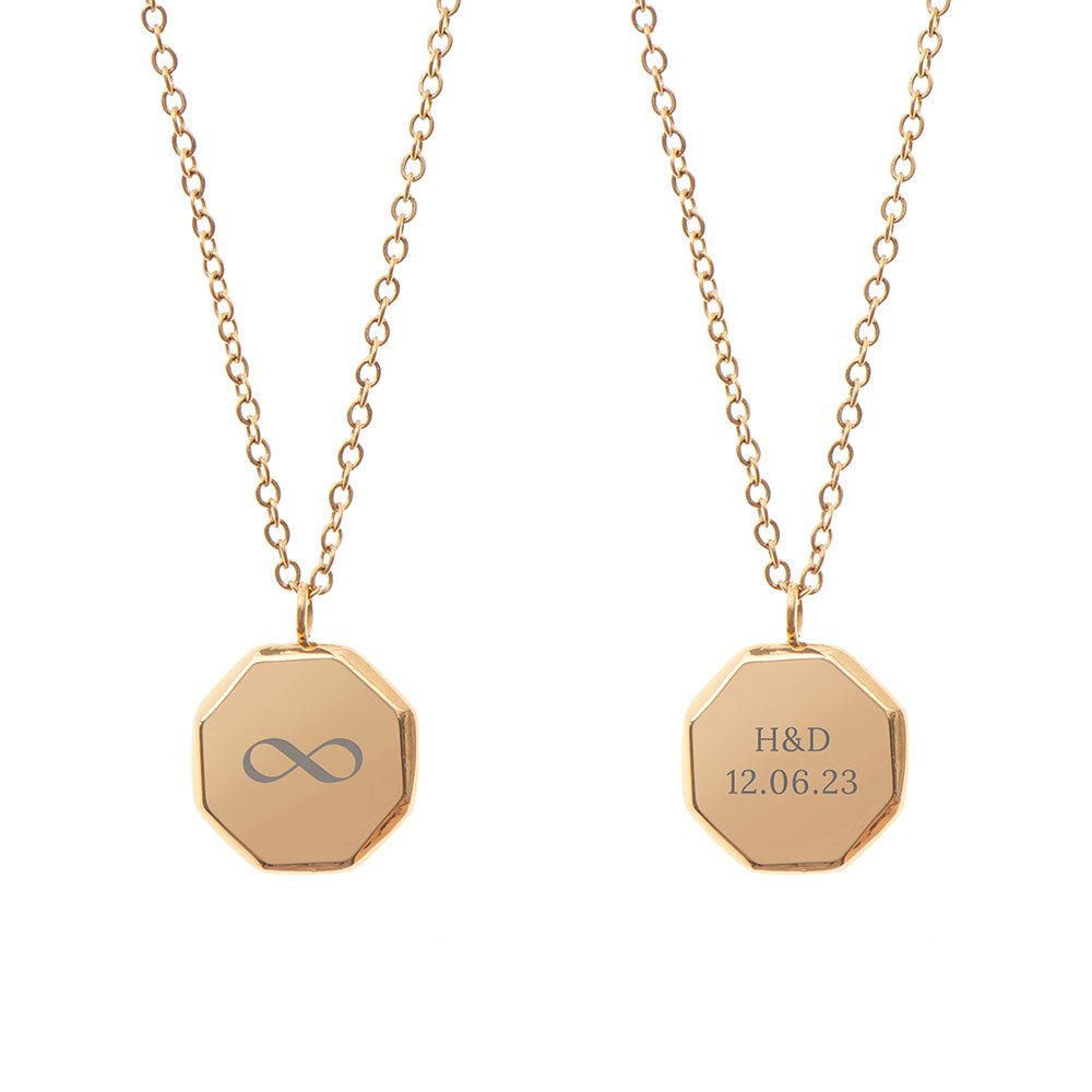 Personalised gold infinity octagon pendant necklace. A stylish gift with a timeless design. Length: 55cm.