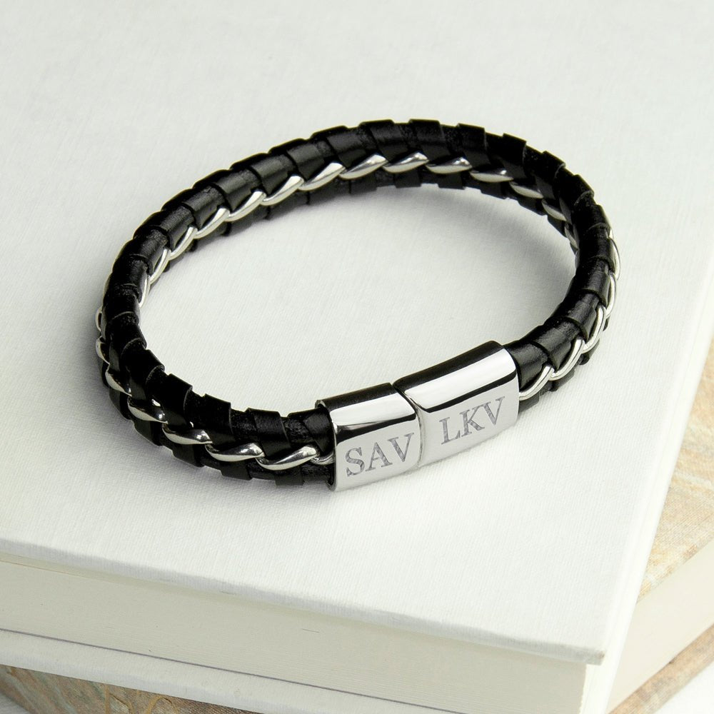 Personalised Men's Metal Detailed Leather Bracelet - Engraved Memories