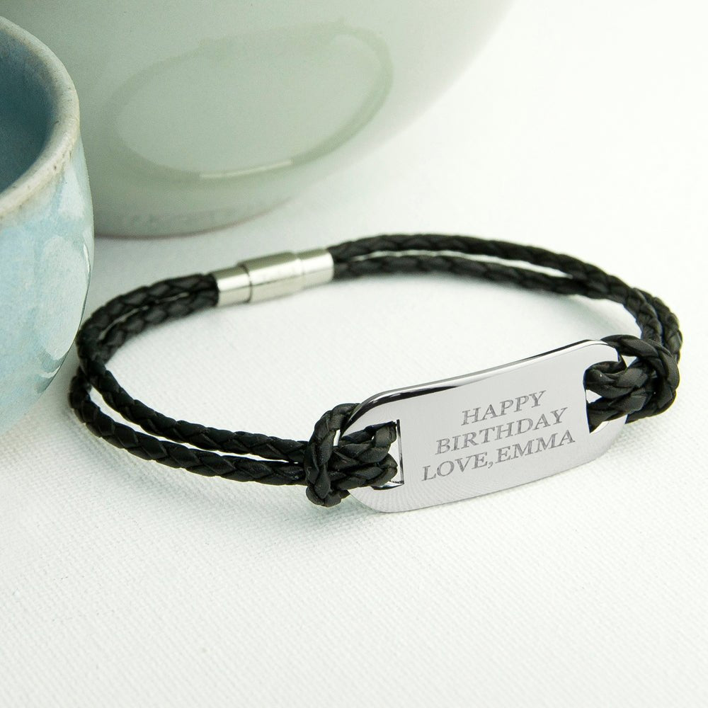 Personalised Men's Statement Leather Bracelet in Black - Engraved Memories