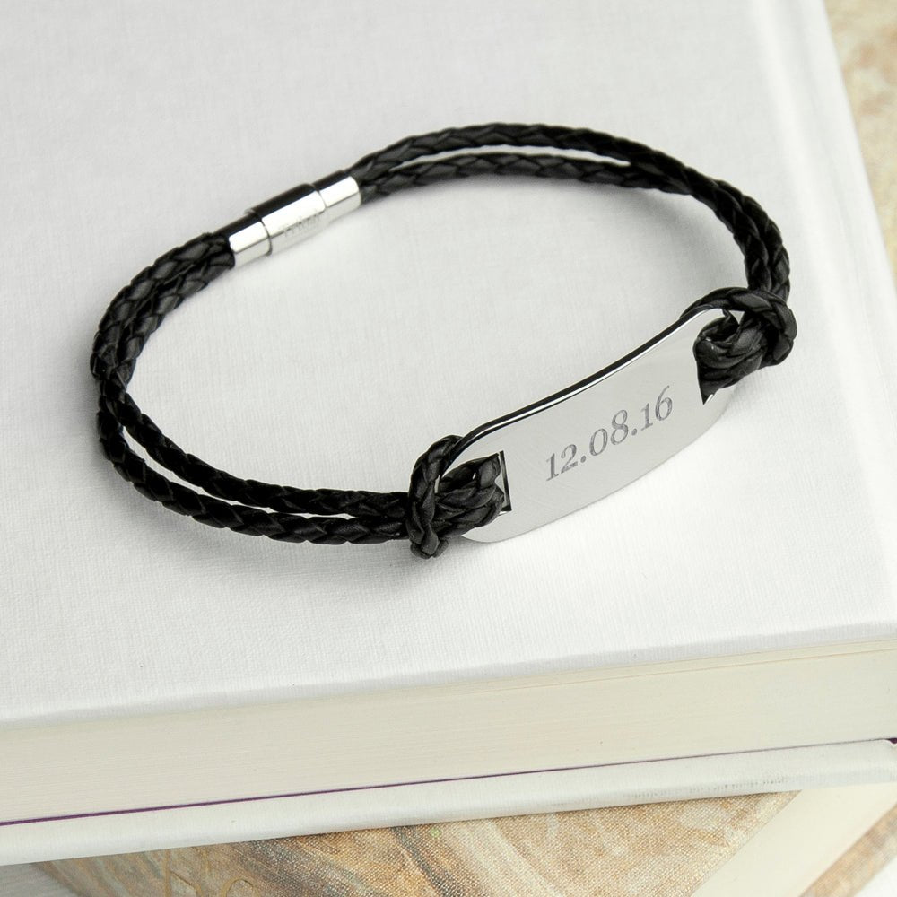 Personalised Men's Statement Leather Bracelet in Black - Engraved Memories