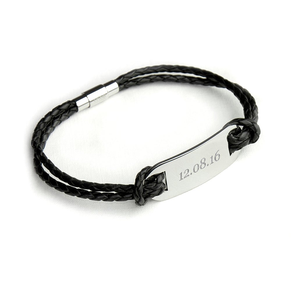 Personalised Men's Statement Leather Bracelet in Black - Engraved Memories