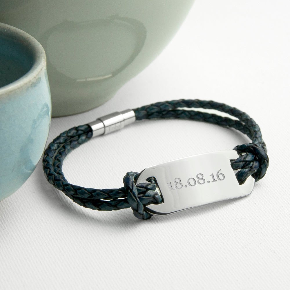 Personalised Men's Statement Leather Bracelet In Navy - Engraved Memories