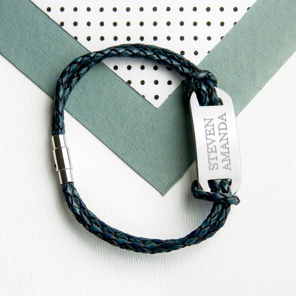 Personalised Men's Statement Leather Bracelet In Navy - Engraved Memories