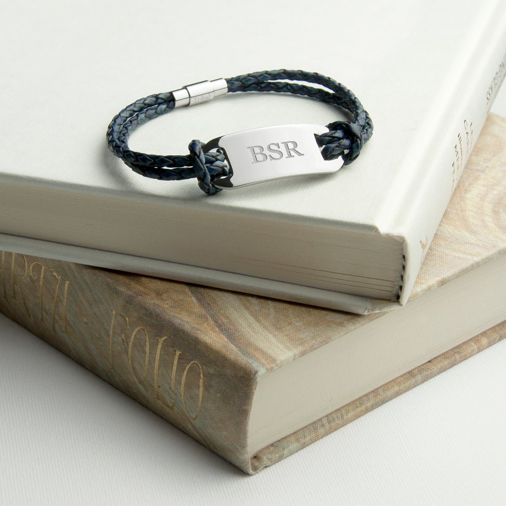 Personalised Men's Statement Leather Bracelet In Navy - Engraved Memories