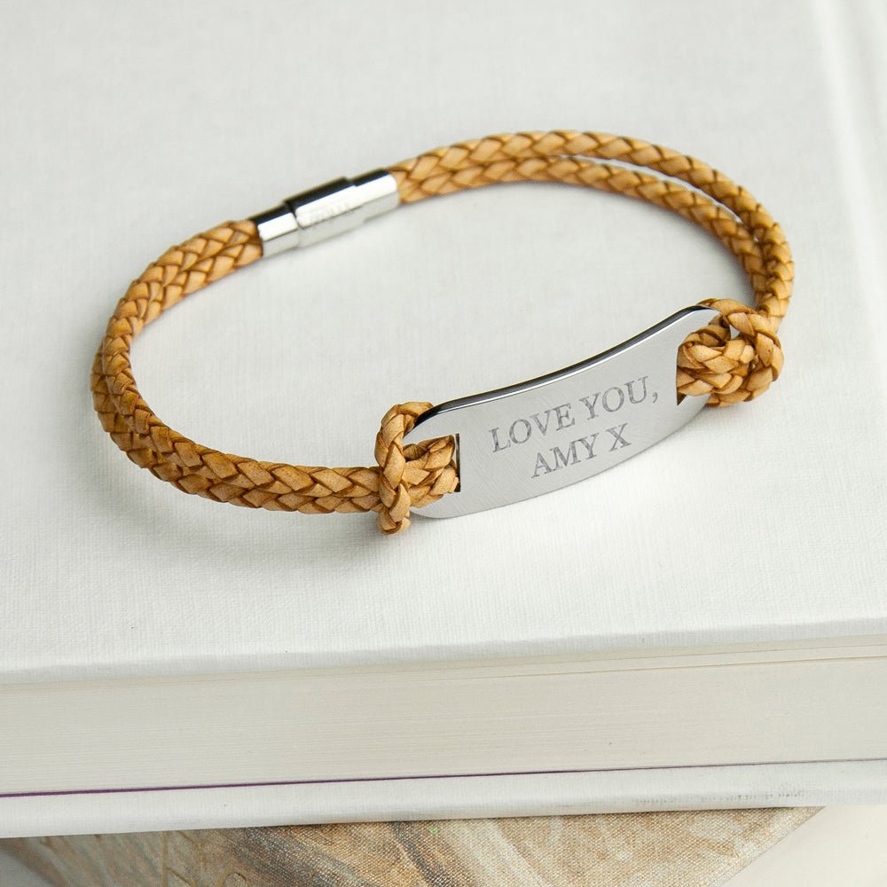 Personalised Men's Statement Leather Bracelet in Standstone - Engraved Memories