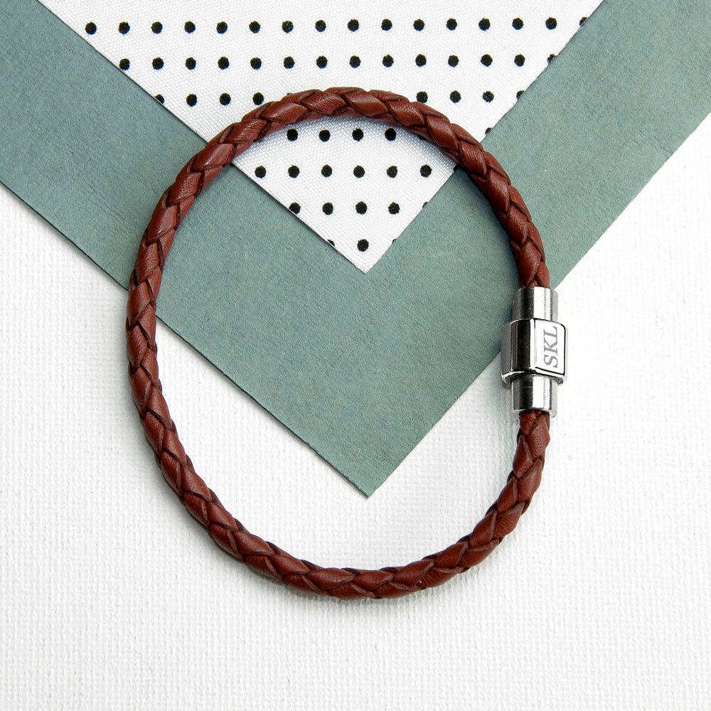 Personalised Men's Woven Leather Bracelet in Burnt Sienna - Engraved Memories