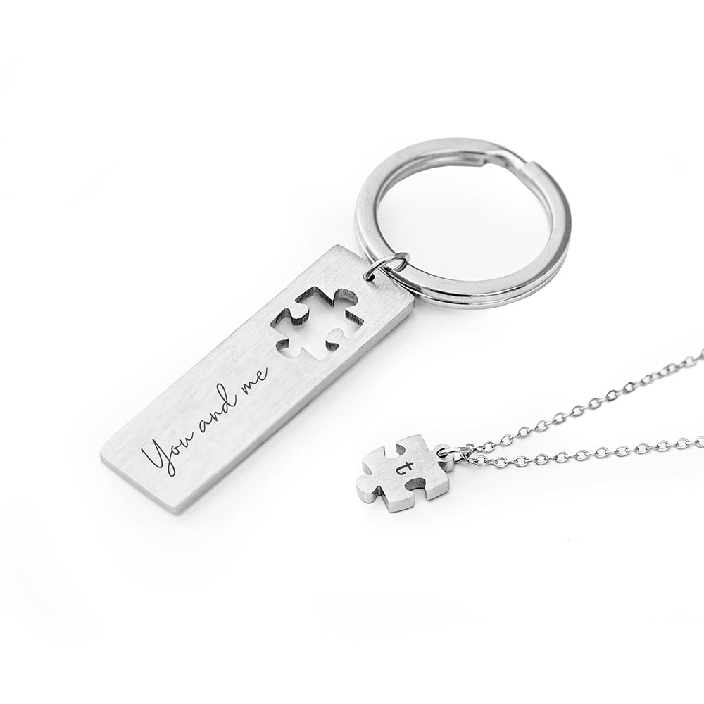 Personalised Perfect Fit Puzzle Piece Necklace & Keyring Set - Engraved Memories