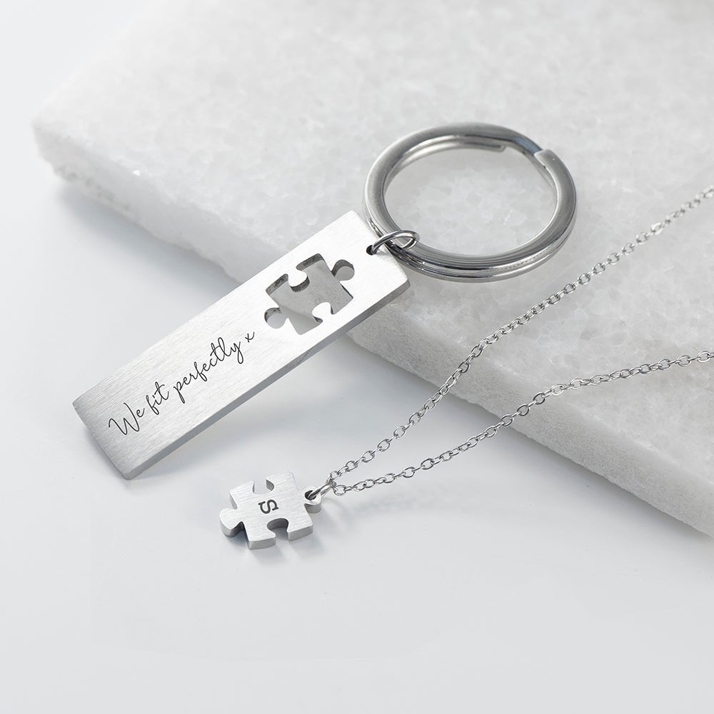 Personalised Perfect Fit Puzzle Piece Necklace & Keyring Set - Engraved Memories